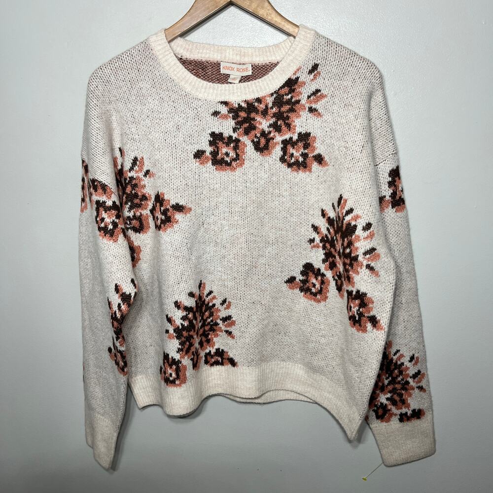 Knox Rose NWT Sweater Cottagecore Floral Blush Pink Oatmeal Casual Acrylic L $30